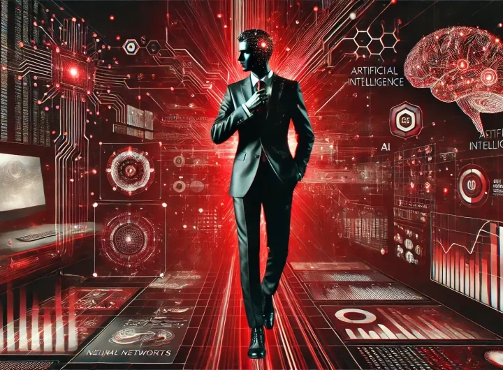 Futuristic digital scene with a businessman, symbolizing AI integration and workflow automation.