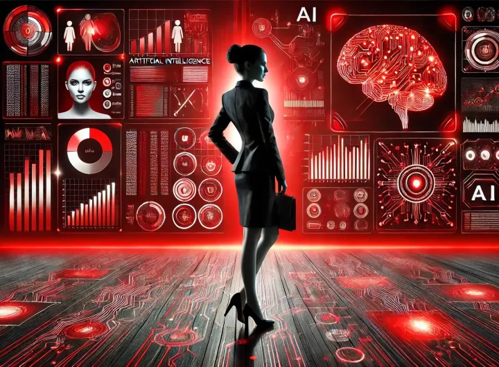 Businesswoman in a futuristic red and black environment with AI and data charts, representing app integration and automation.
