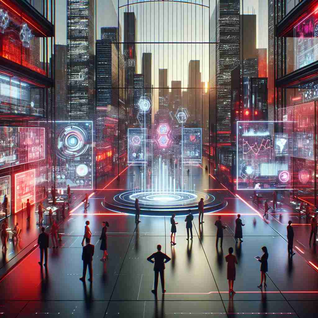 An image illustrating Futuristic business meeting with holographic displays in a high-tech cityscape.