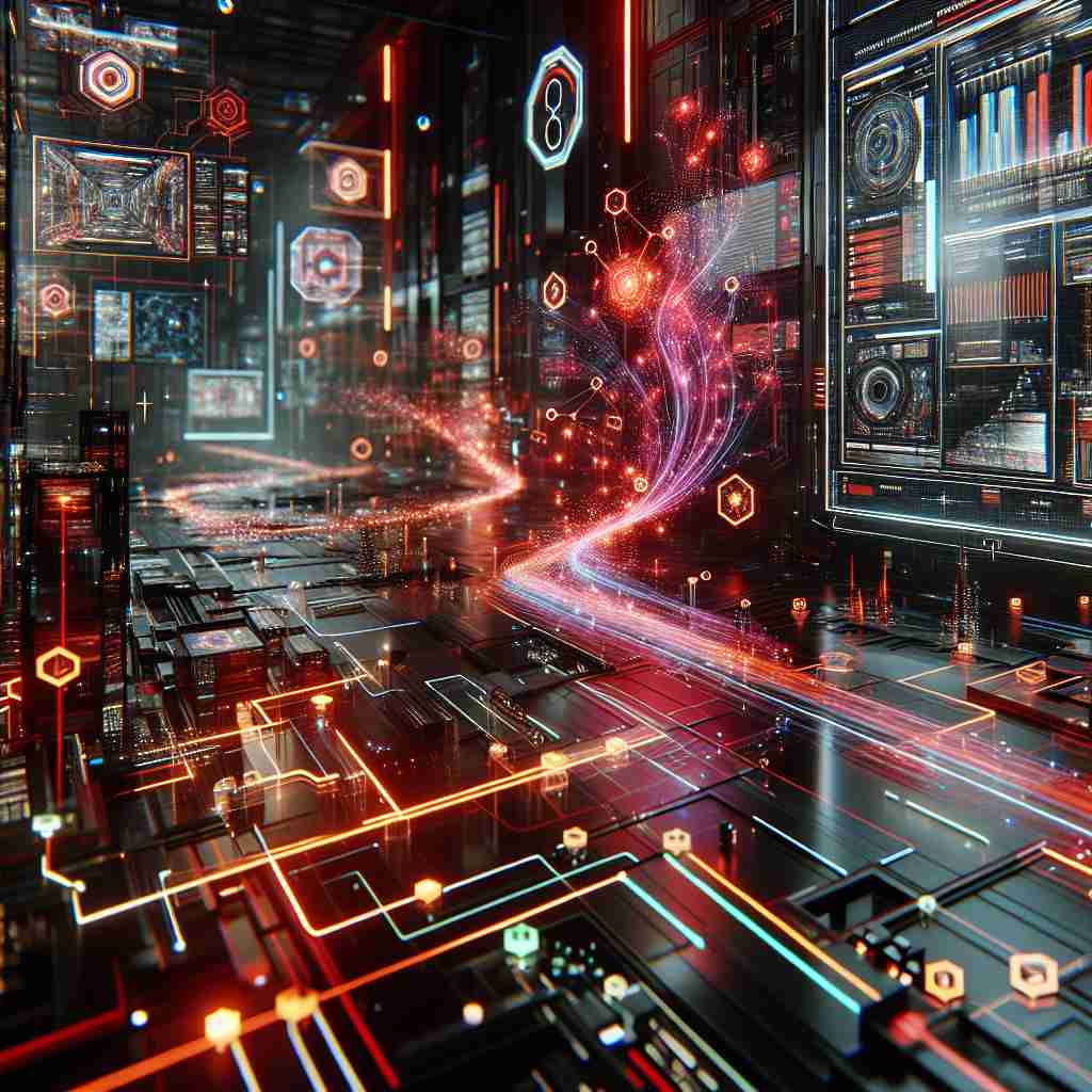 An image illustrating Futuristic data center with digital screens and glowing circuit pathways.